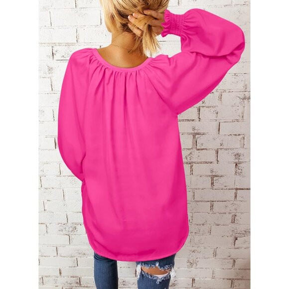 Women Hot Pink Color Smocked Long Sleeve V Neck Casual Chiffon Shirt Top - Picture 2 of 4